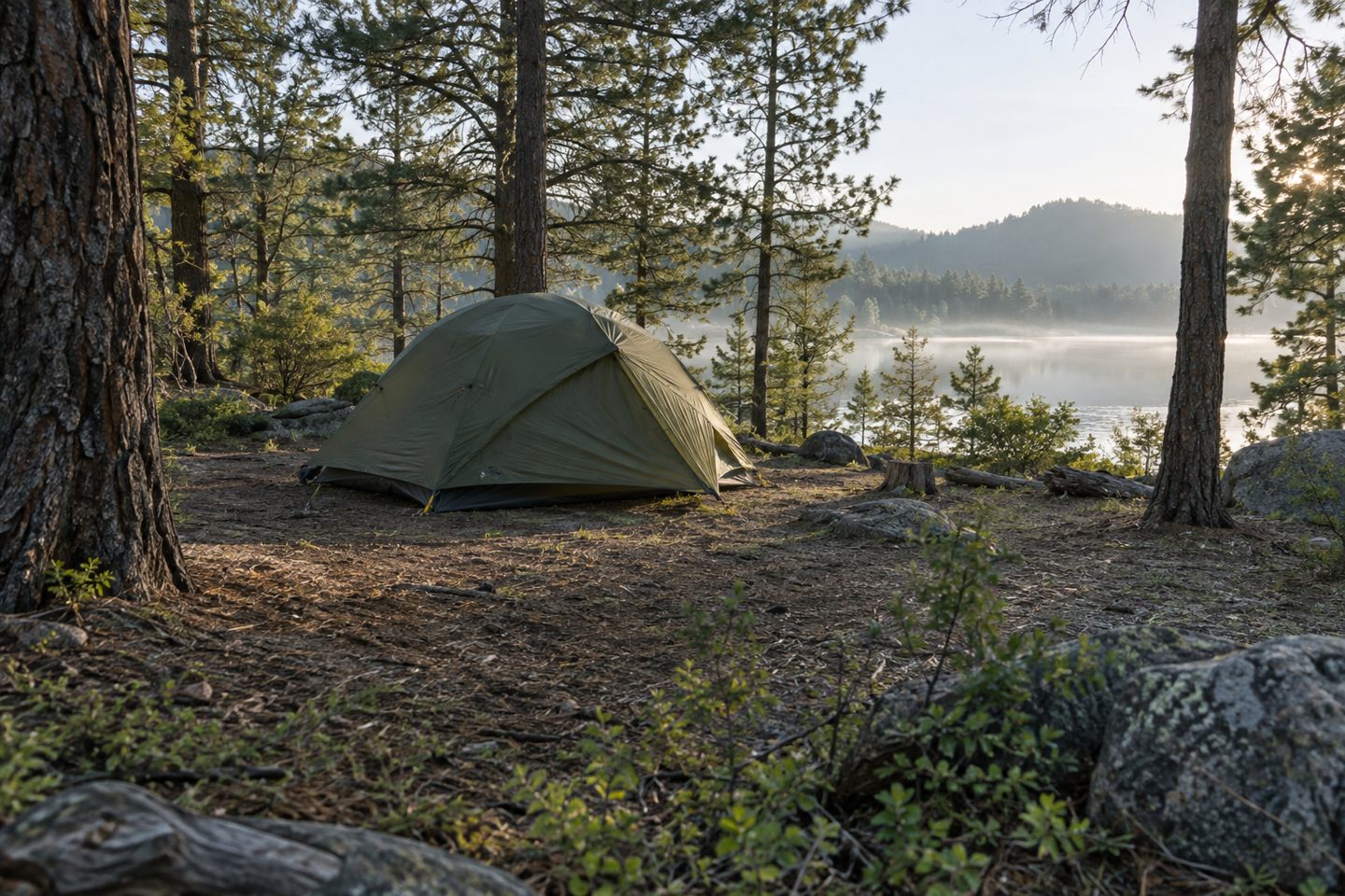 A tent in a woodland campground.