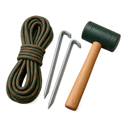 A coil of cord, tent stakes and mallet.