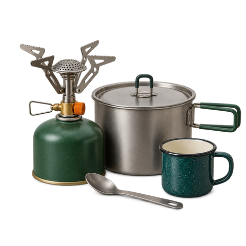 An unlit camp stove, cooking pot, mug and spoon.