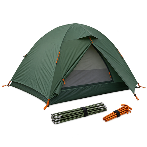 A green tent, poles and tent pegs.