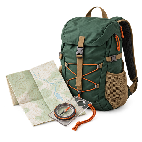 A folded map, compass and small daypack.