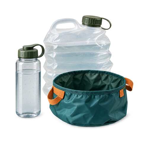 A bottle, water carrier and folding wash basin.