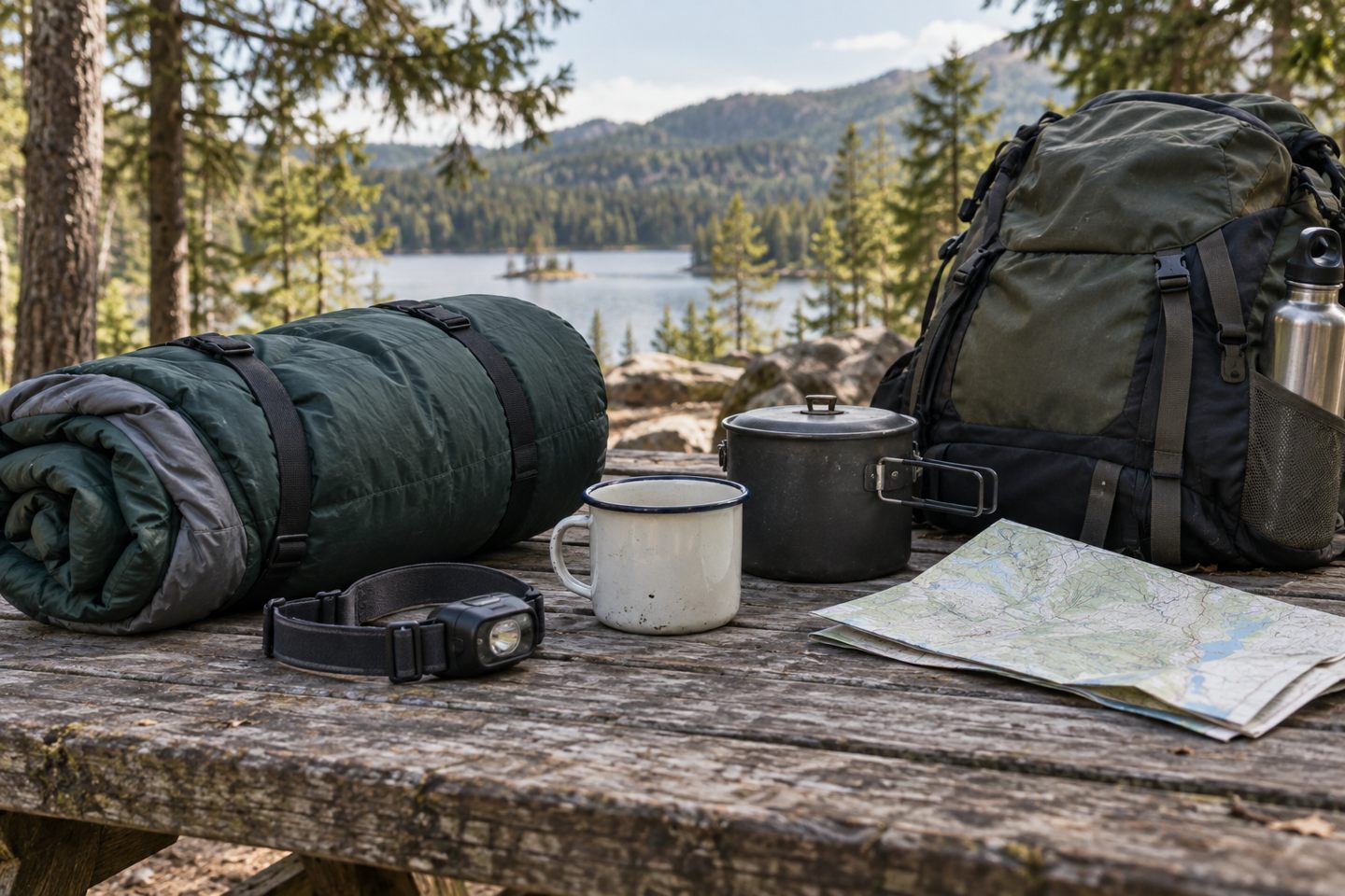 Camping equipment arranged on an outdoor table.