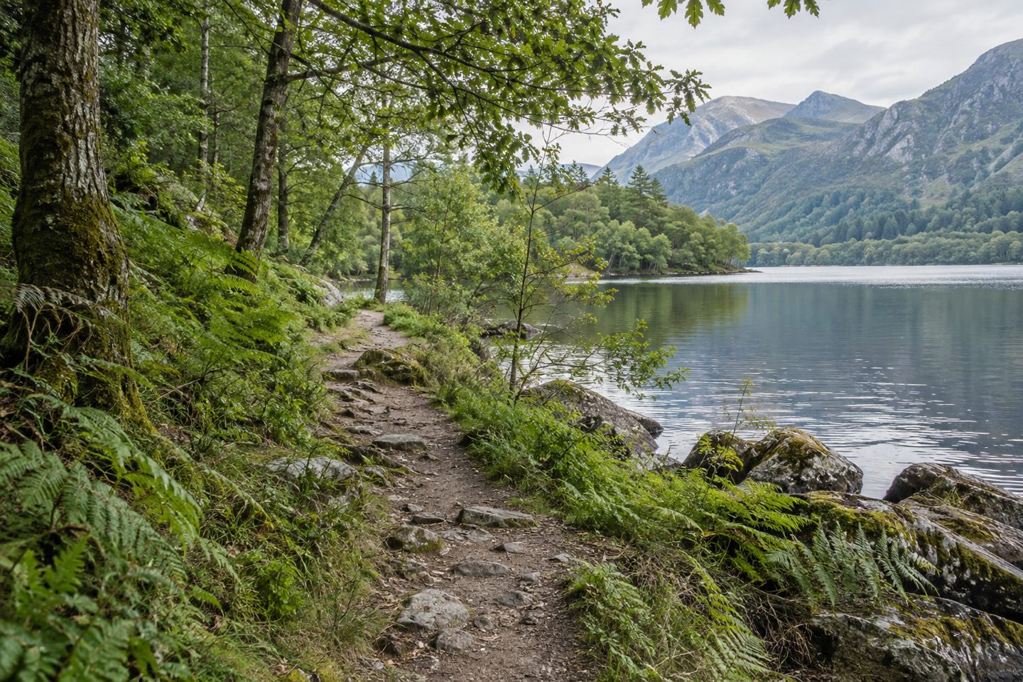 A woodland walking path beside a lake.