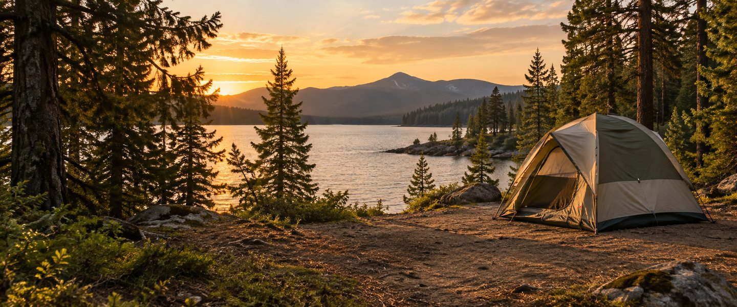 A lakeside tent beneath the pines at sunset.