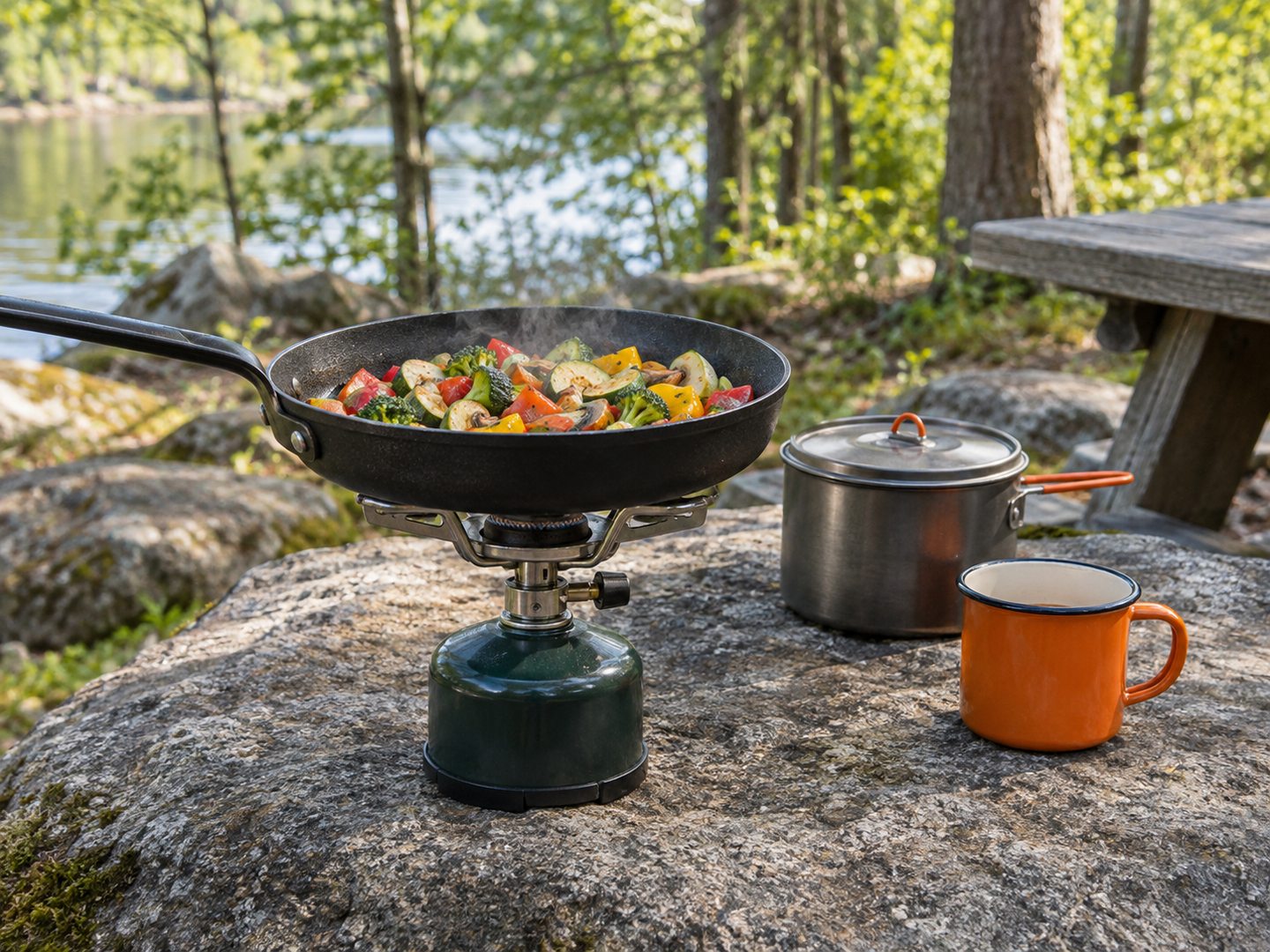 A vegetable meal cooking at an outdoor camp kitchen.