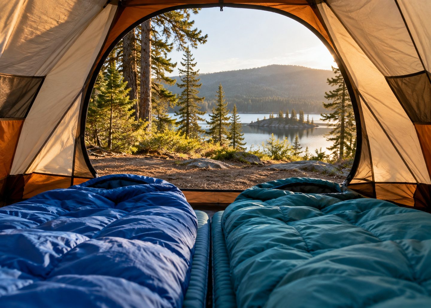 Sleeping bags and pads inside a tent overlooking a wooded lake.